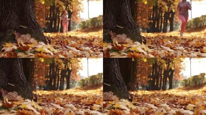滑动视频: 在秋公园里奔跑的不专心的女人。前景黄色叶子聚焦。回到正常和活跃的人概念镜头。