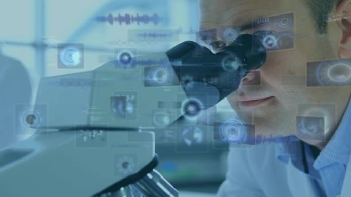 使用显微镜在男性科学家的屏幕上进行示波器扫描和数据处理的动画