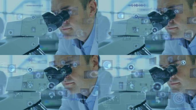 使用显微镜在男性科学家的屏幕上进行示波器扫描和数据处理的动画