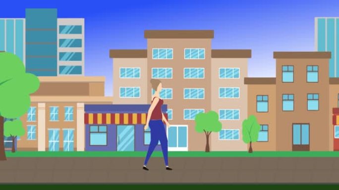 女性步行循环城市背景，平面卡通设计动画