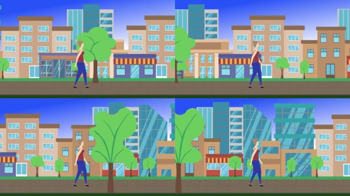 女性步行循环城市背景，平面卡通设计动画