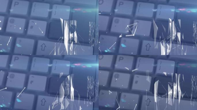 蓝色背景上计算机键盘连接网络的动画
