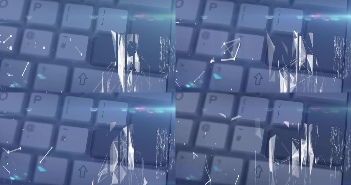 蓝色背景上计算机键盘连接网络的动画