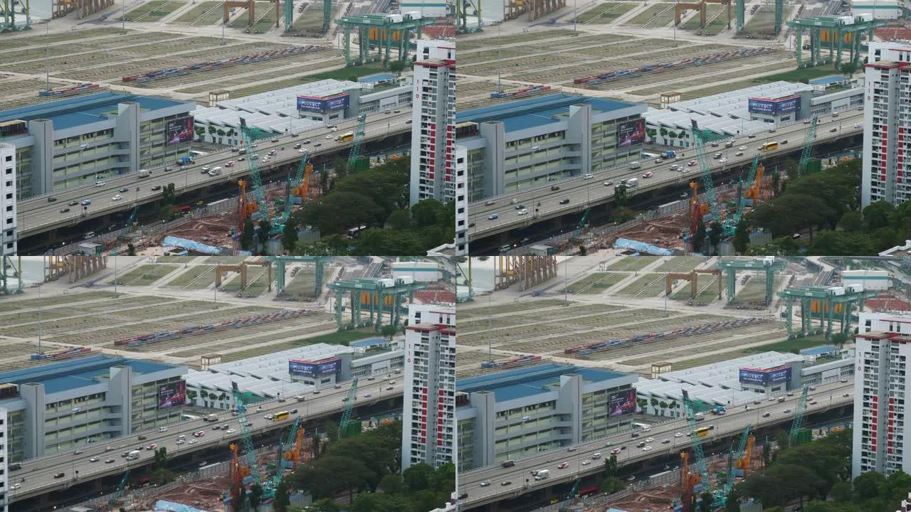 黄昏时间新加坡城市著名港口停车场交通湾屋顶慢动作全景4k