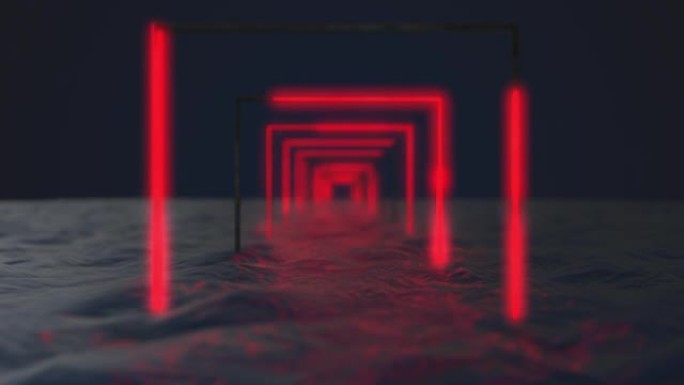 明亮的霓虹灯框架在水中闪烁着霓虹灯光谱。烟熏背景。无缝循环3d渲染方形框架。红色