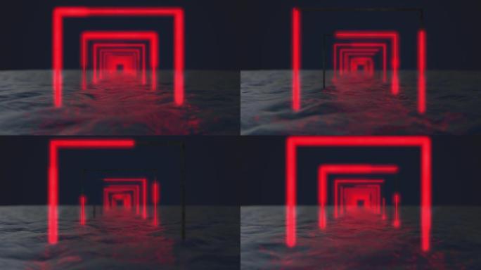 明亮的霓虹灯框架在水中闪烁着霓虹灯光谱。烟熏背景。无缝循环3d渲染方形框架。红色