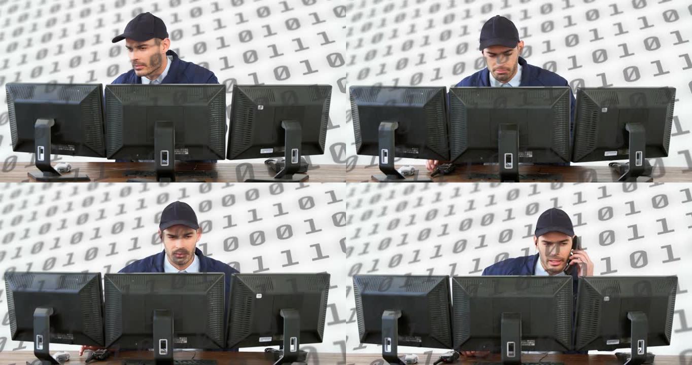在白色背景上使用计算机对高加索人进行科学数据处理的动画