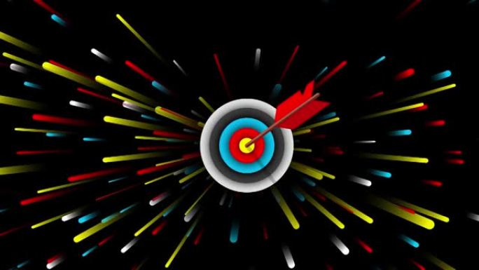 4k视频中黑色背景上目标中心的飞镖和红色飞镖箭头。