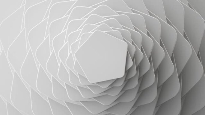 3d渲染，循环动画的抽象最小白色背景扭曲。几何形状旋转。五边形空白卡的旋转甲板