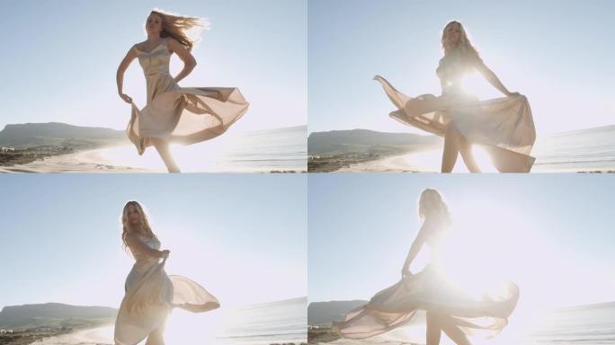 在阳光普照的海滩上跳舞的金发女人