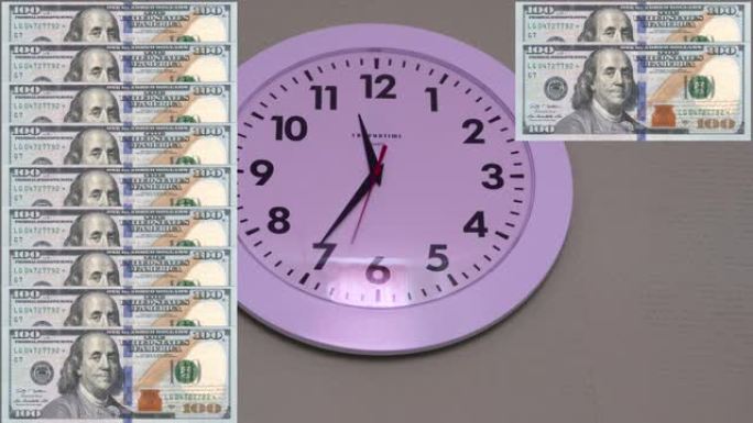 时间就是金钱。挂钟，百元钞票。延时