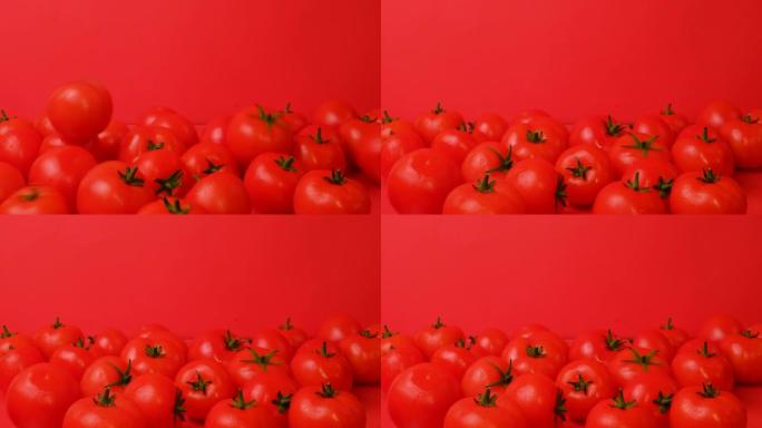 几个西红柿落在红色背景上的一堆蔬菜上。一座山西红柿分崩离析