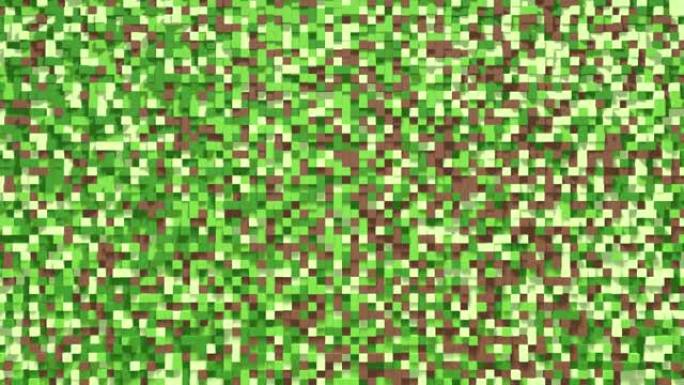 3D抽象立方体循环。电子游戏等距几何镶嵌波图案。使用棕色和绿色的草块建造丘陵景观。像素背景。《我的世