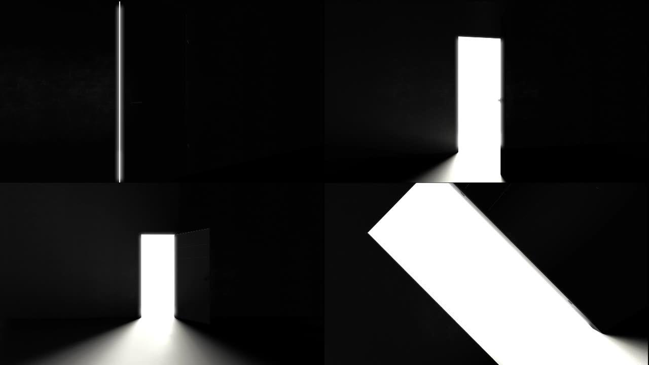 一扇通向黑暗房间的门，明亮的光线照进来。背景3D插图。4k分辨率。6秒