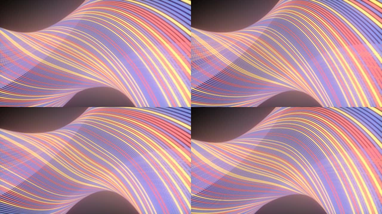 扭曲浮动五彩线条纹图案的波浪数字动画。具有弯曲几何形状的抽象模板。3d渲染。4K，超高清分辨率