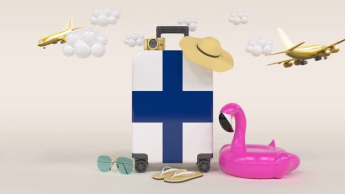3D循环假日概念与芬兰国旗手提箱