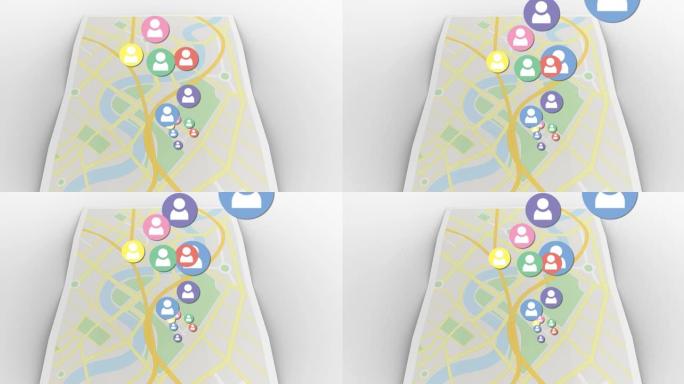地图上多个彩色数字社交媒体人物图标的动画