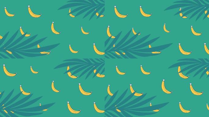 黄色香蕉在绿色背景上的棕榈叶上脉动形成的动画