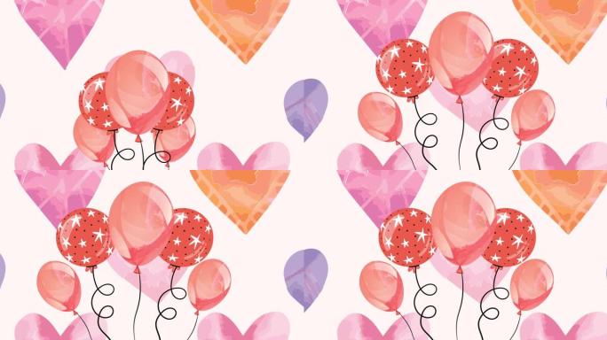 粉红色背景上的彩色气球和心形动画