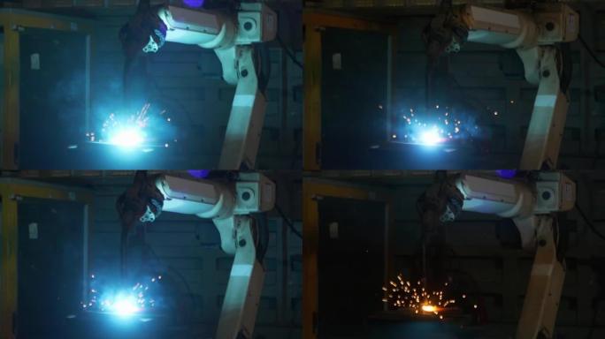 在工业工厂中，机械臂发出的火花正在焊接。