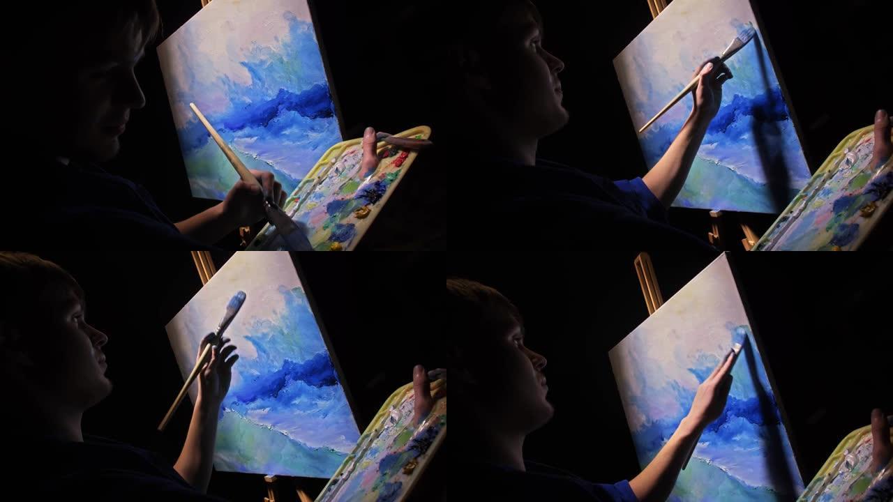 艺术家抄写员用海洋中的船绘制海景。工匠装饰师在蓝色的海上航行时绘制丙烯酸油色。