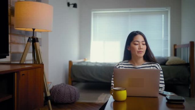 年轻女子使用智能扬声器在家里的客厅笔记本电脑上工作时关灯