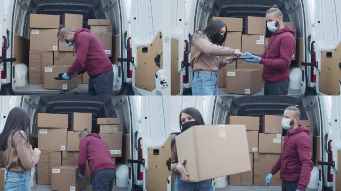 一名送货员在将包裹交付给一名年轻女子时的慢动作视频