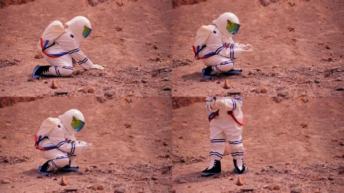 穿着宇航员服的女人的侧视图，在沙漠地区探索火星时，走到坐位以保留样品进行实验，梦想着人类与水源，生命