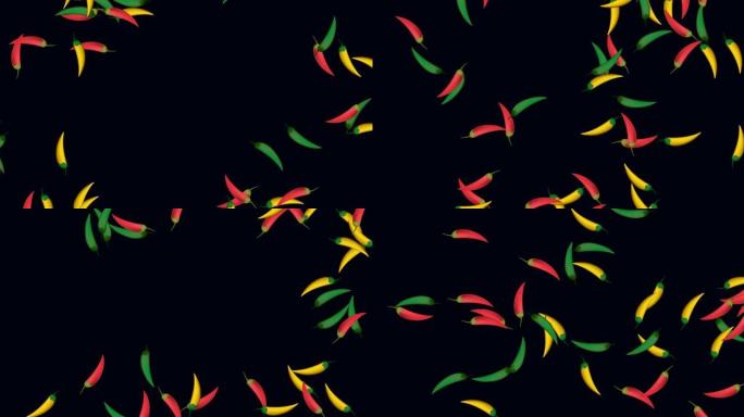 辣椒在黑色背景上飞行和旋转。红黄绿辣椒运动动画。横向构图，4k视频质量
