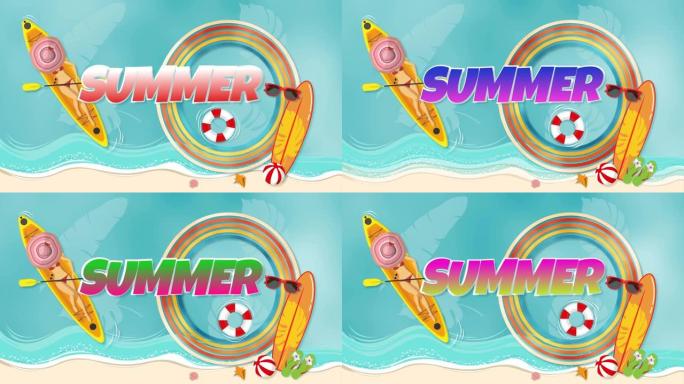 4K.夏季卡通动画背景概念。穿着比基尼放松性感的女人在海边的船上晒日光浴，夏天在热带海滩上有波纹波，