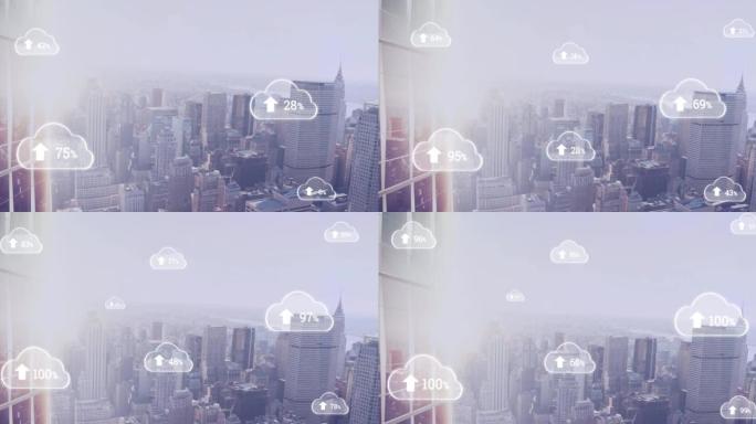 带有箭头和百分比的白云动画在城市景观背景上增长