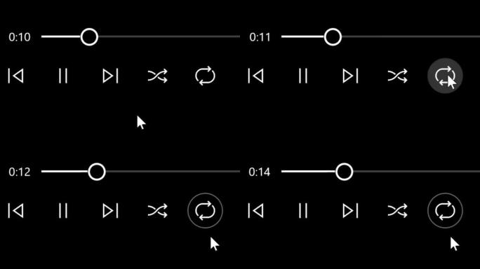 鼠标光标滑动并单击 “重播音频视频” 按钮。光标单击重复音乐歌曲轨道或媒体文件的设备屏幕视图。观点。