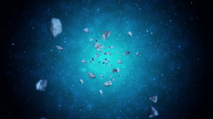在深空背景中飞行许多小行星。破碎的飞溅爆炸。星空。陨石旋转的3D动画。循环动画。