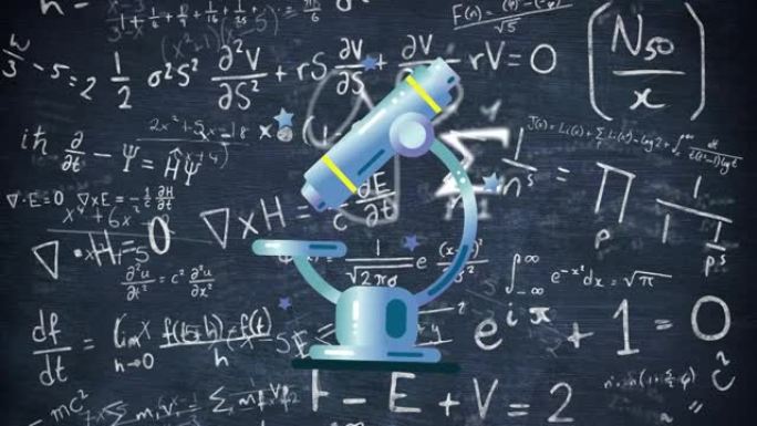 蓝色背景上的数学方程显微镜图标的数字动画