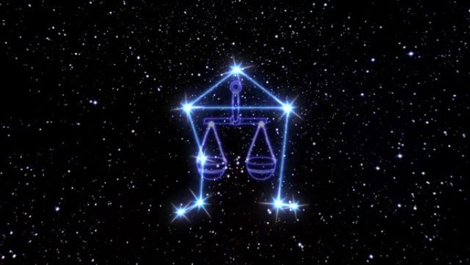 黄道十二宫天秤座是由发光线连接的亮星星座。宇宙夜空中黄道十二宫星座的动画。星座和星座的象征。