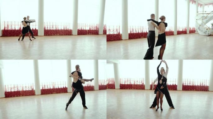 两个专业舞者在地板上跳舞。风格探戈与杂技元素