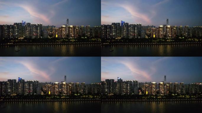 城市夜晚的鸟瞰图现代化都市地标建筑高楼大