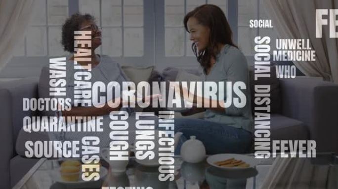 护士与高级女性患者在家喝茶的冠状病毒文字动画