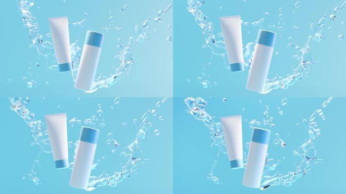 蓝色背景上的水花化妆品。空包装模拟广告的逼真3d动画。洁面爽肤水或乳液，皮肤护理凝胶在白色瓶子和管子