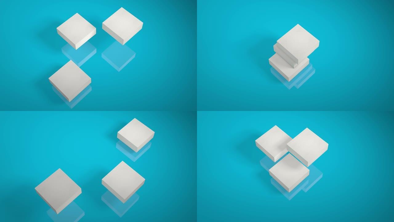 白色立方体旋转3D帧。块组件的等距运动。立方体零件，移动和移动，孤立在蓝色背景几何形状的建筑环。