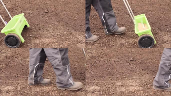 一个高加索人的手将一块草皮的正方形翻转到一块泥泞的地面上，然后将其推入并拍打到住宅后院的适当位置 (