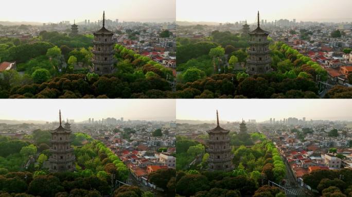 航拍清晨泉州西街开元寺东西塔日出风光