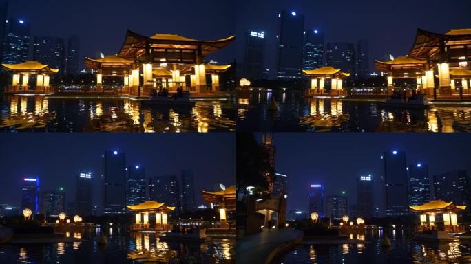 夜景照明佛山市著名市中心公园湾露台全景4k中国