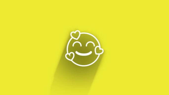 微笑快乐表情符号，而阴影在4k分辨率循环就绪文件中的黄色背景上四处传递