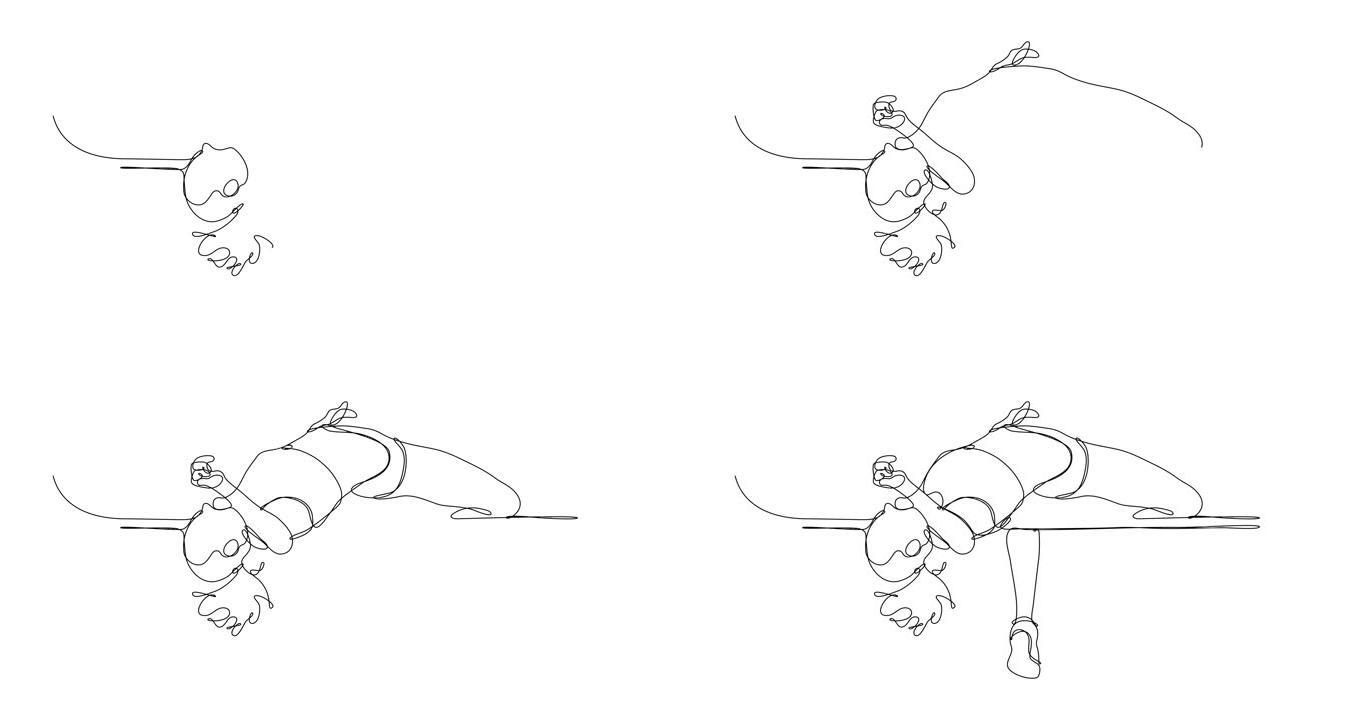 运动员女子练习跳高的连续线描自画动画。