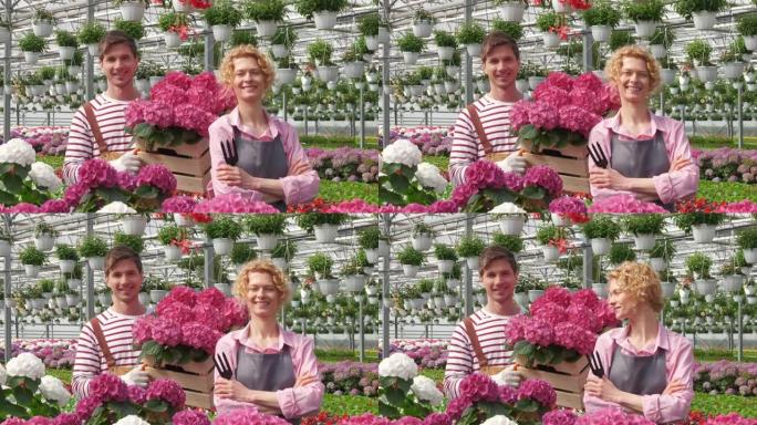 肖像两个在花卉中心一起工作的快乐工人。概念我爱我的工作