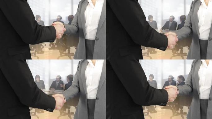商人和女商人在办公室里与一群商人握手的动画
