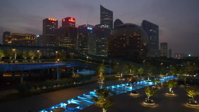 日落夜照明杭州市中心著名现代公园广场全景4k中国