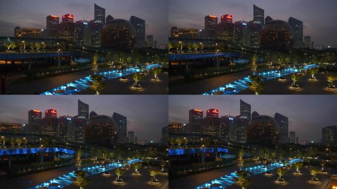 日落夜照明杭州市中心著名现代公园广场全景4k中国