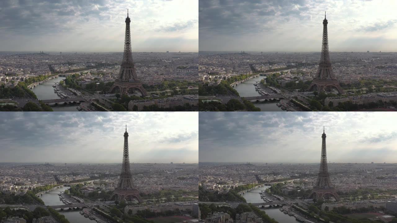 阳光云日巴黎市中心著名塔广场河畔湾空中全景4k法国